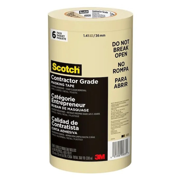 Scotch Contractor Grade Masking Tape, 1.88 in W x 60 yd L, 6 Pk 2020